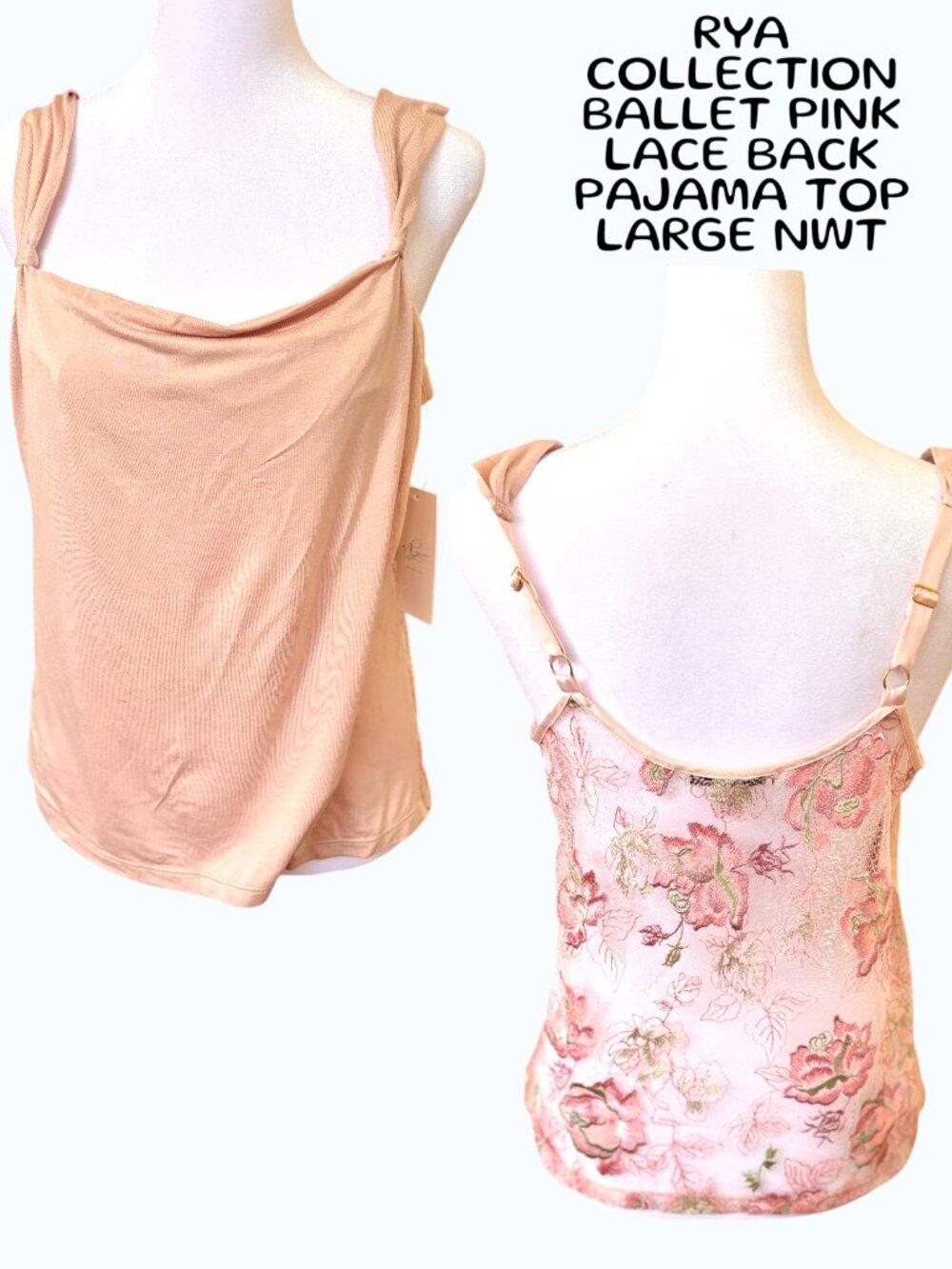 RYA COLLECTION BALLET PINK LACE BACK PAJAMA CAMI TOP LARGE NWT‎